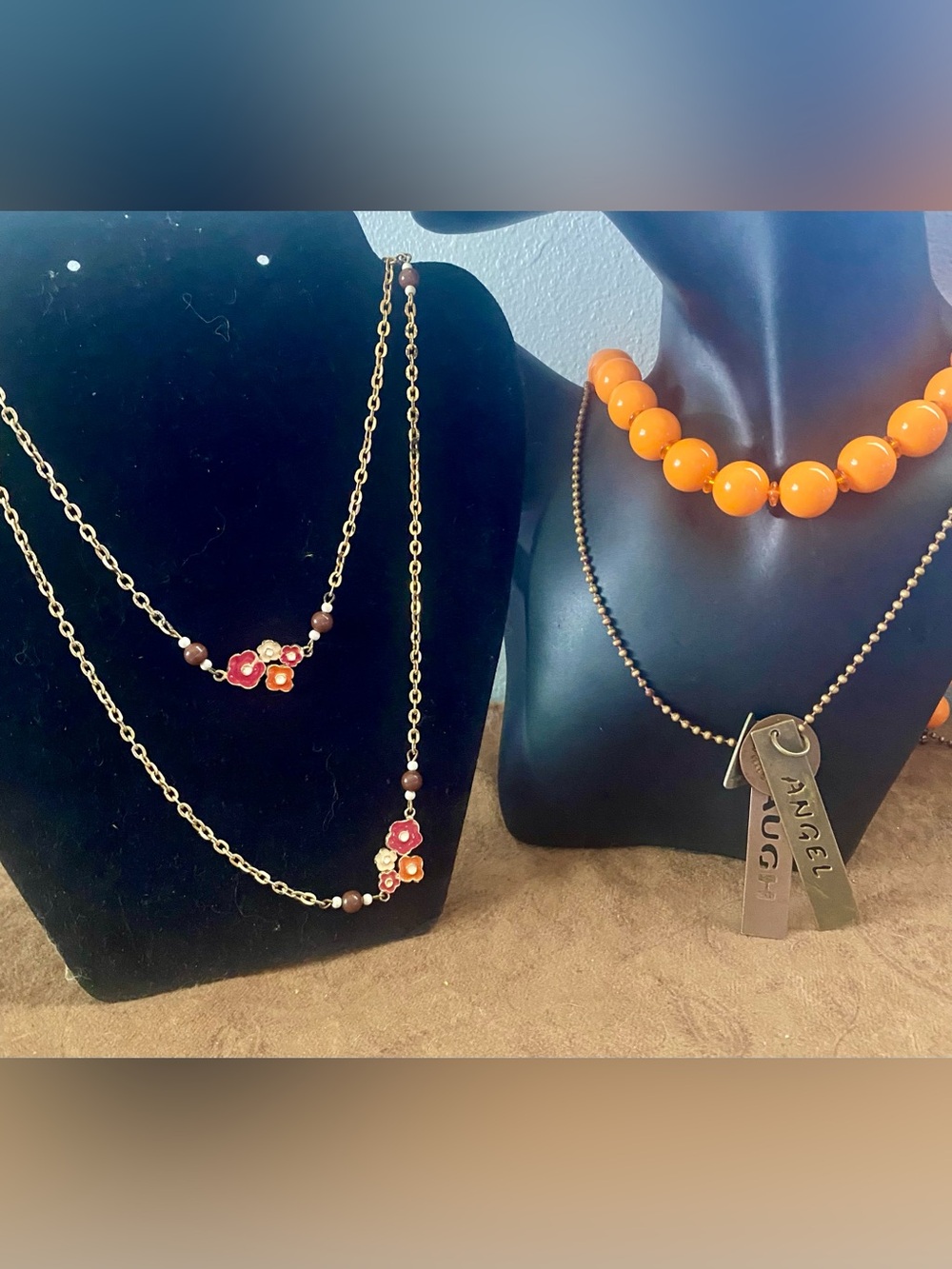Vintage Angel & Laugh tags on chain, boho necklace with flowers, orange beaded